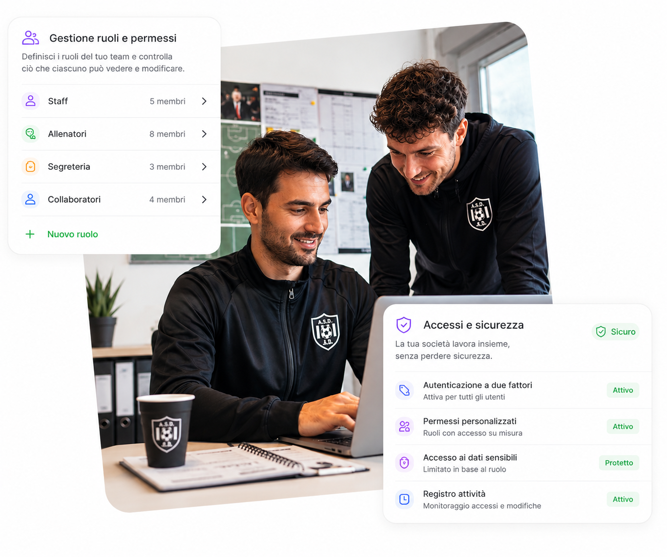 Team sportivo che collabora con ruoli e permessi digitali