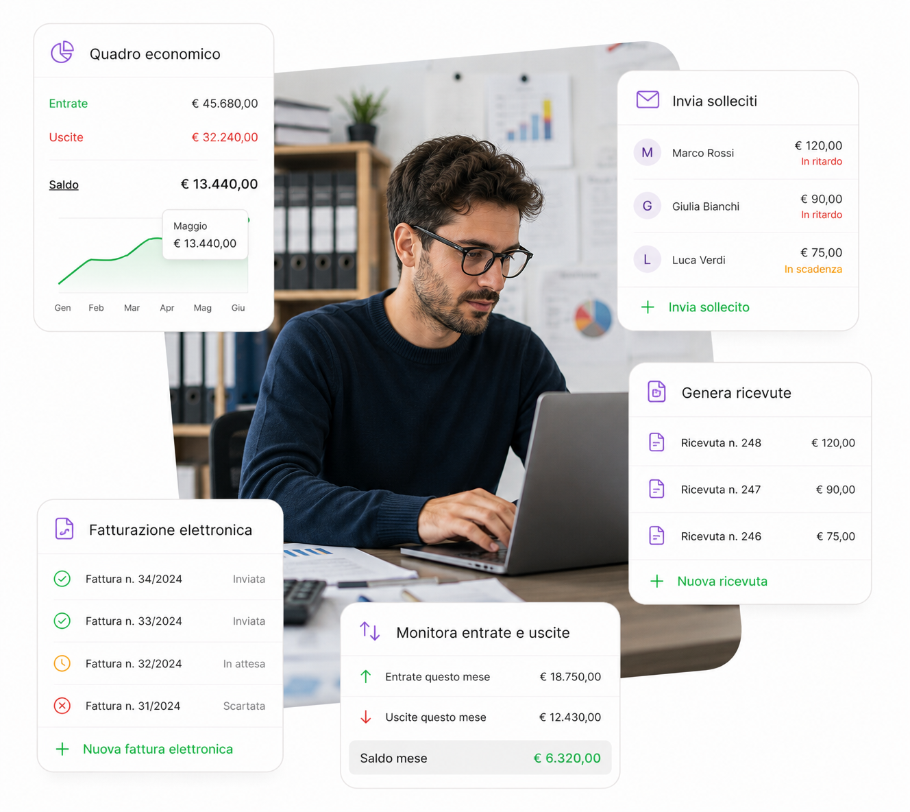 Dashboard contabile con pagamenti e fatture di una società sportiva