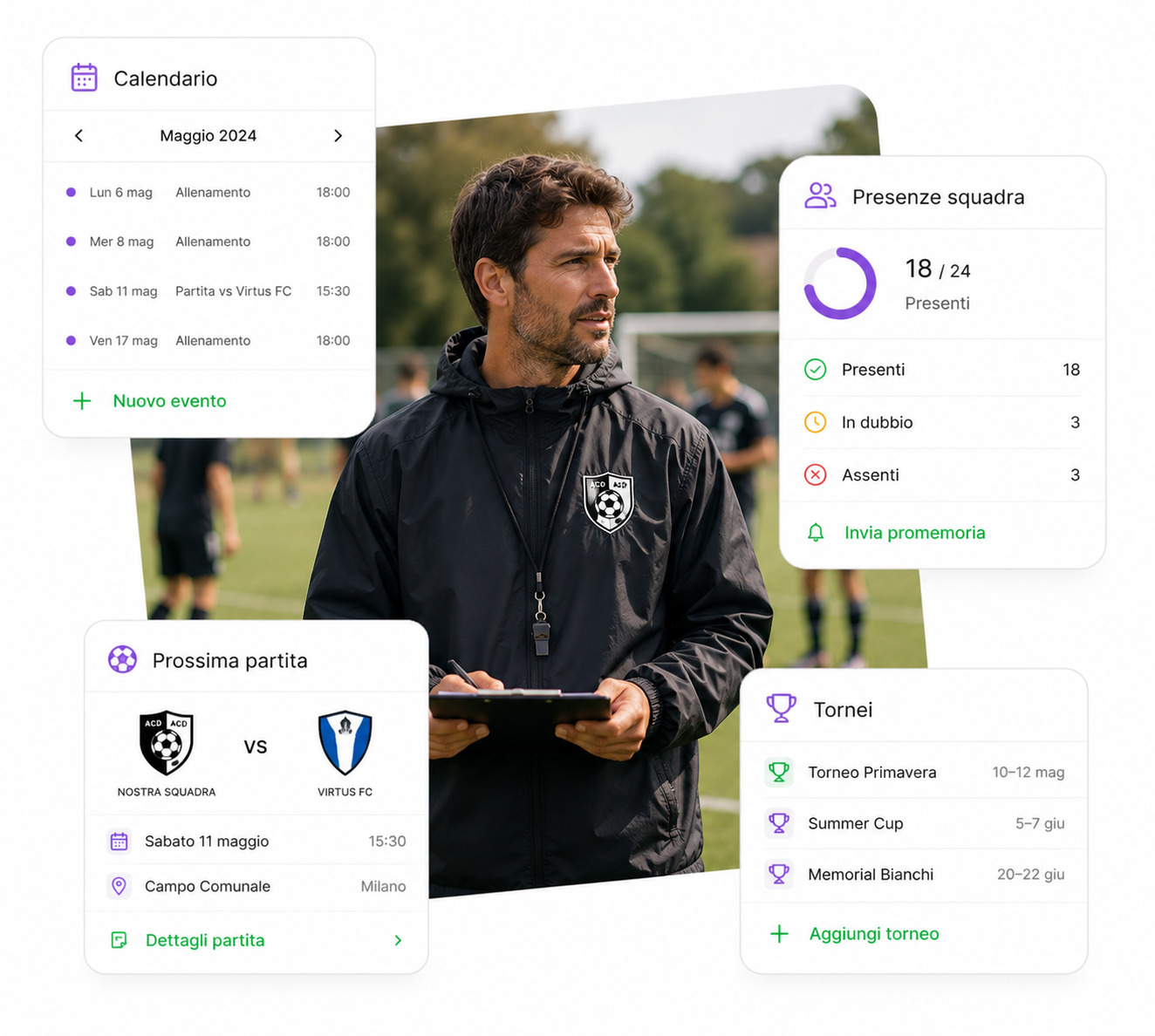 Allenatore che organizza attività sportive con calendario digitale